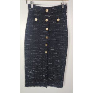 Zara Women's Sz. XS Black & White Tweed Midi Skirt W/ Gold Buttons
